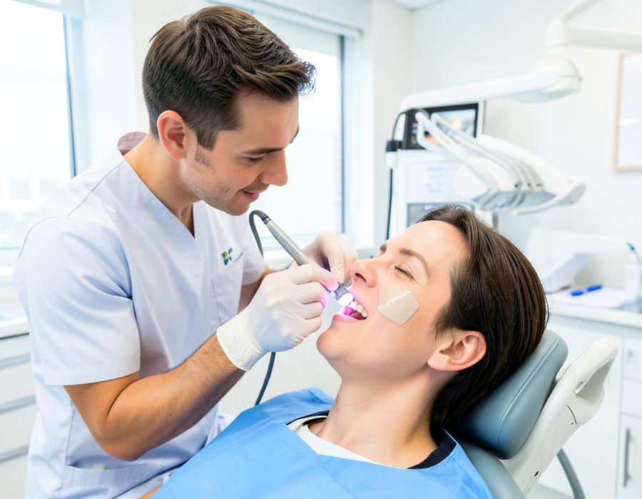 Veneers in Humble, TX | Aroma Dental Veneers at Aroma Dental in Humble, TX: a close view of custom porcelain veneers being bonded to a patient's front teeth