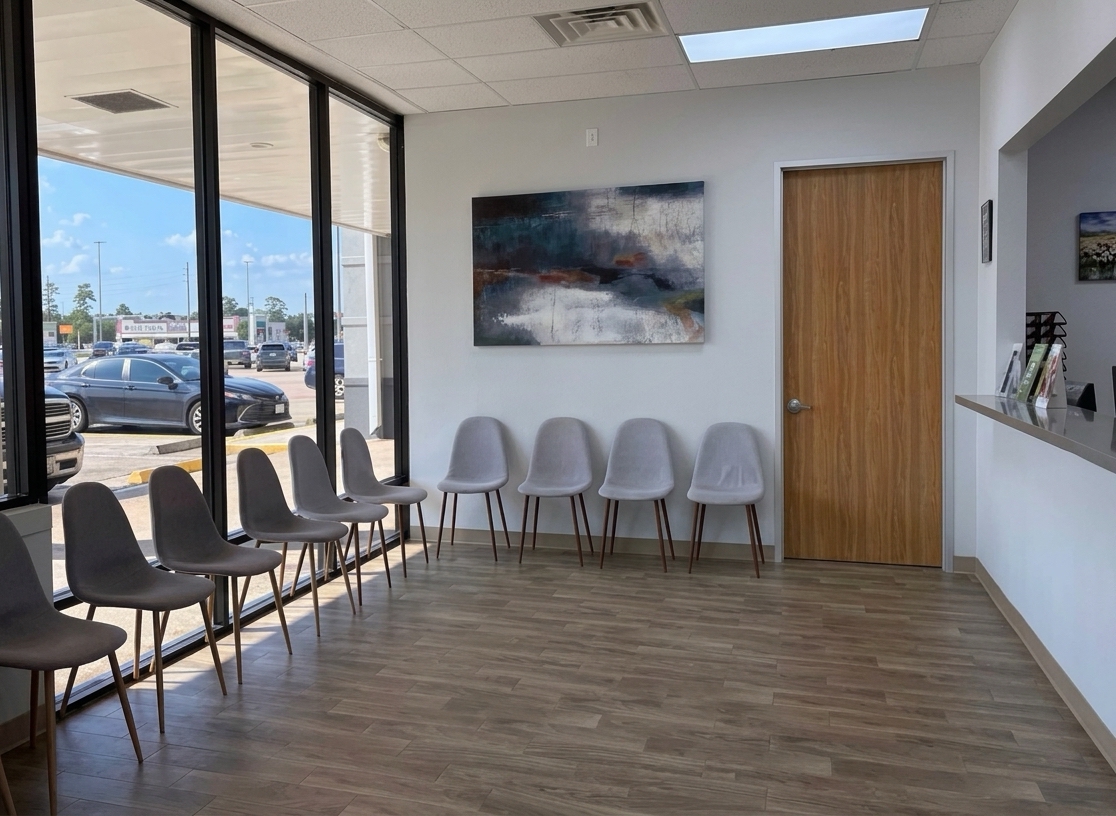 Bright waiting area with comfortable seating