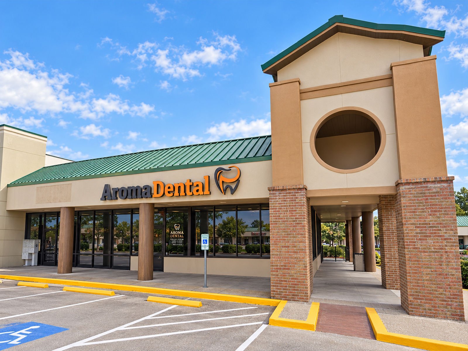 The Aroma Dental office storefront on FM 1960 Road East in Humble, TX