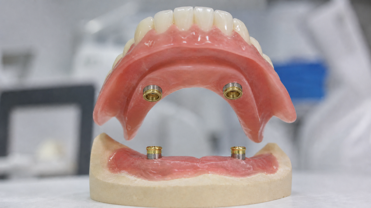 Snap-on denture model showing implant attachments as the middle option between dental implants vs dentures in Humble, TX