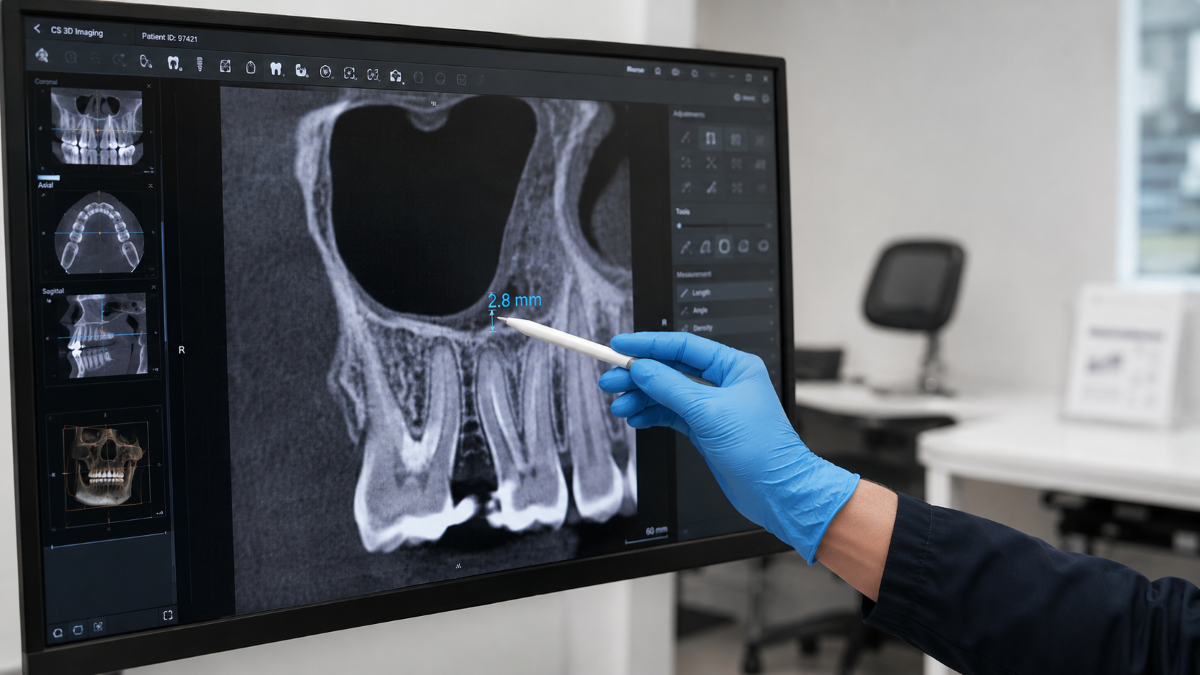 Dentist reviewing CBCT scan to measure bone height for a dental bone graft at Aroma Dental in Humble, TX