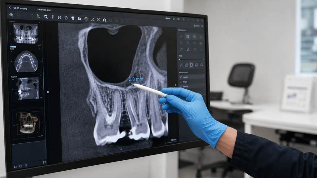 Dentist reviewing CBCT scan to measure bone height for a dental bone graft at Aroma Dental in Humble, TX