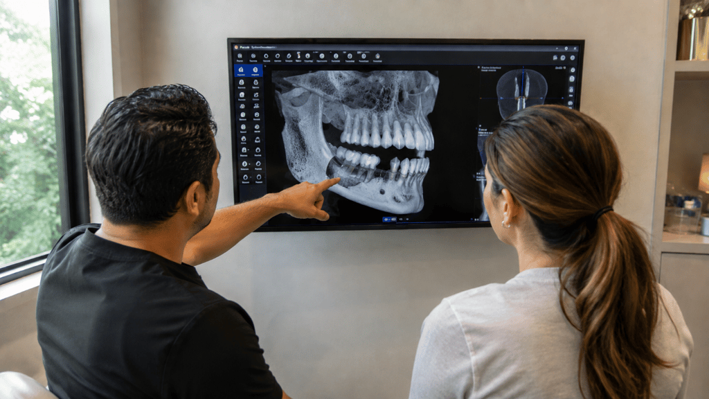 Dentist pointing at a 3D CBCT jaw scan during a consultation about the dental implants vs partial dentures decision, showing bone levels for an alternative to dental implants in Humble, TX