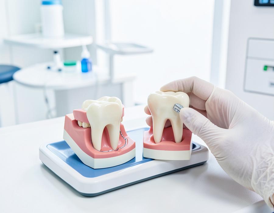 Dental Crowns and Bridges at Aroma Dental in Humble, TX: a dentist fitting a custom ceramic crown onto a prepared tooth