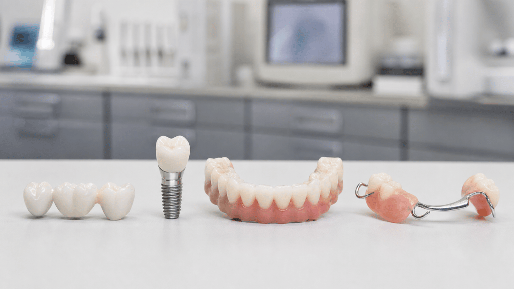 Bridge, dental implant, full denture and partial denture models lined up side by side - a procedural comparison of options for missing teeth in Humble, TX