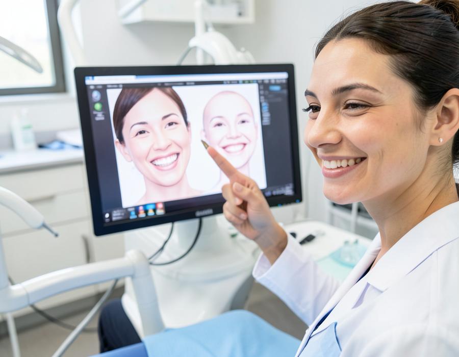 Gummy Smile Treatment in Humble, TX | Aroma Dental Gummy Smile Treatment at Aroma Dental in Humble, TX: a cosmetic dentist reshaping an uneven gum line with a soft tissue laser