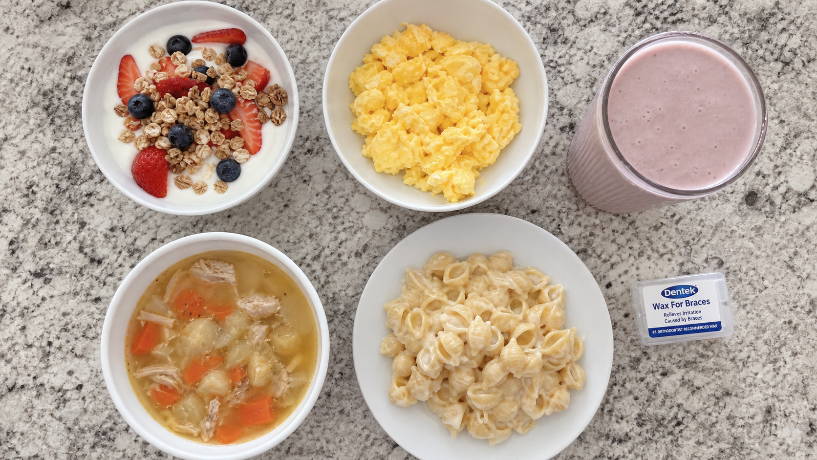 Yogurt, eggs, smoothie, soup, pasta and orthodontic wax for comfort after a braces adjustment in Humble, TX