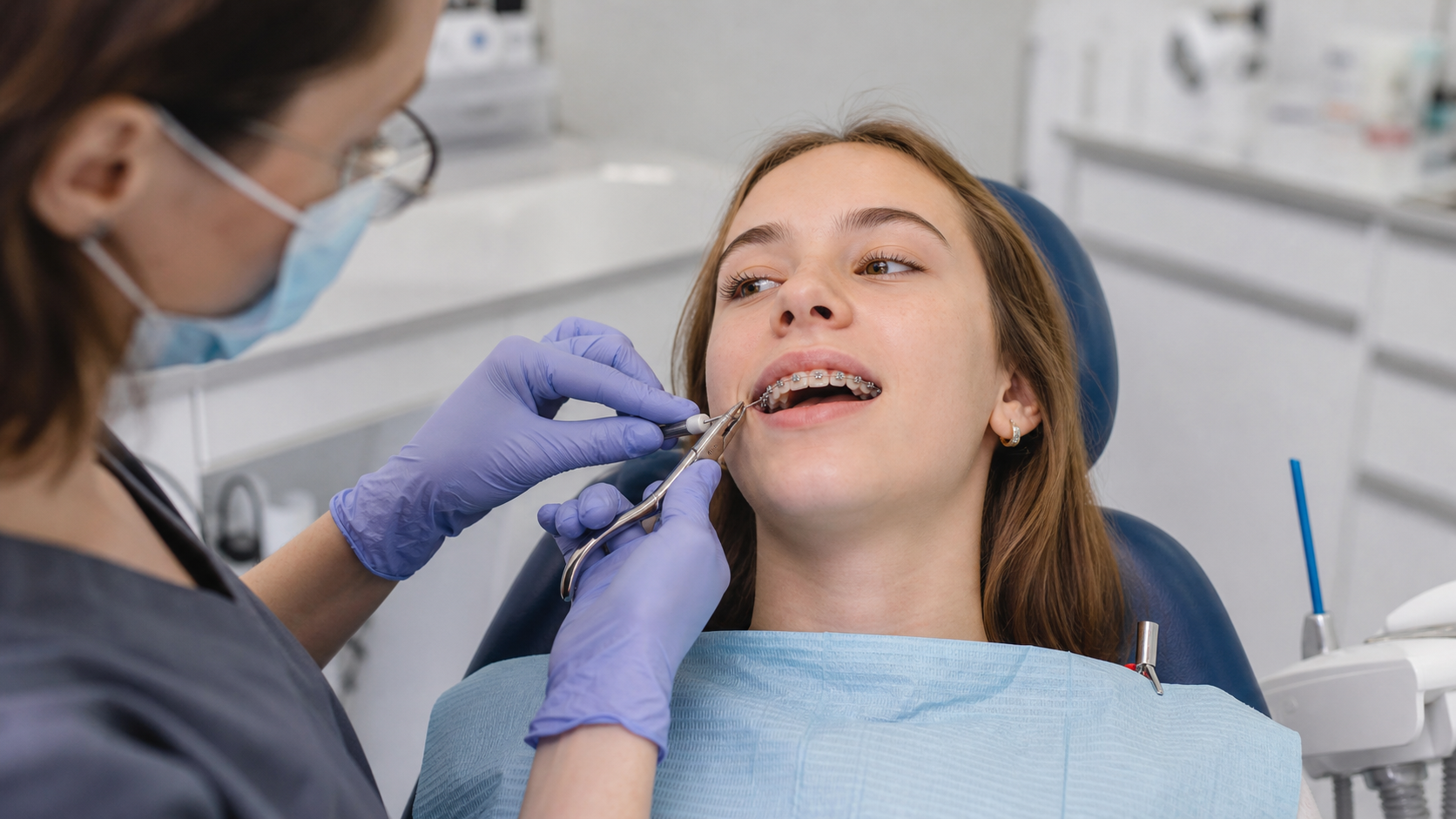 Dental professional adjusting a patient's metal braces for a braces adjustment in Humble, TX